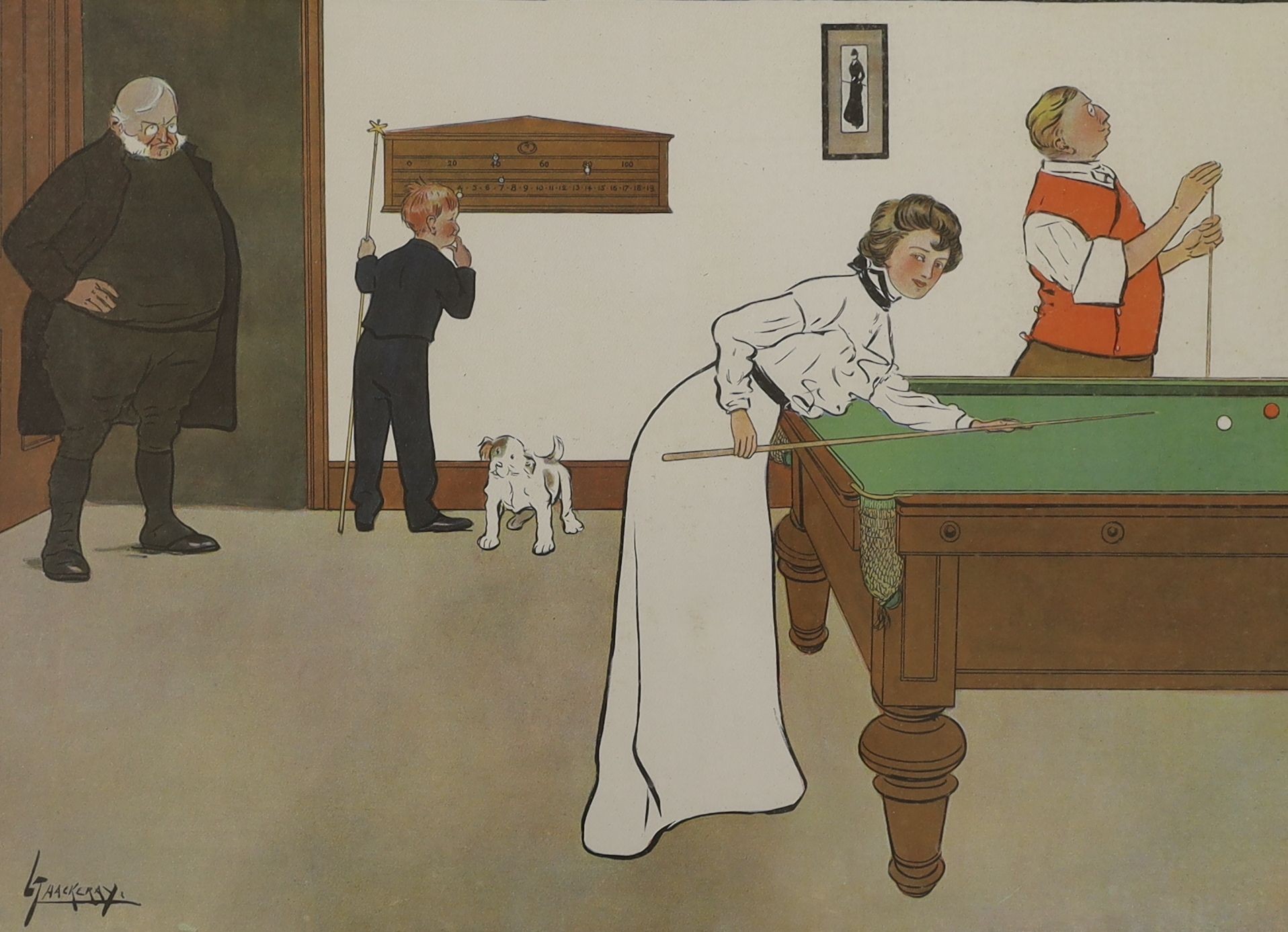 Lance Thackeray (1869-1916), a set of four chromolithographs, 'A billiard match', overall 47 x 60cm